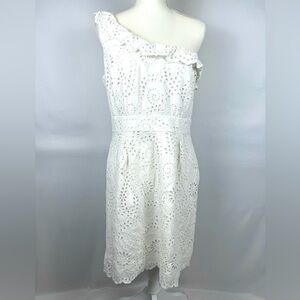 Gianni Bini Mini Dress White Eyelet One Shoulder Sleeveless Cotton Ruffles Sz 12
